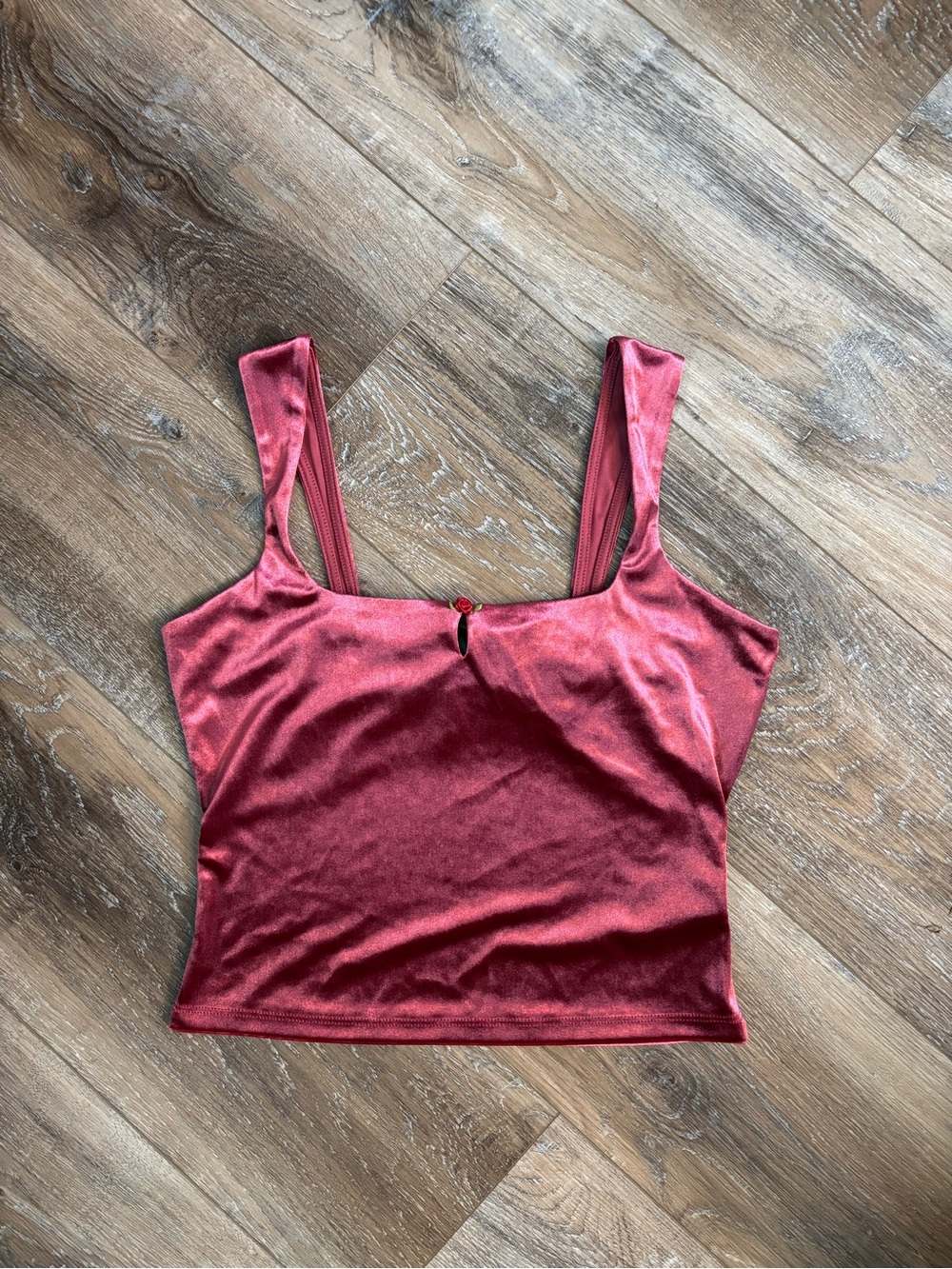 Wild Fable Women’s XS Red Velvet Crop Tank Top with Square Neck rose detail